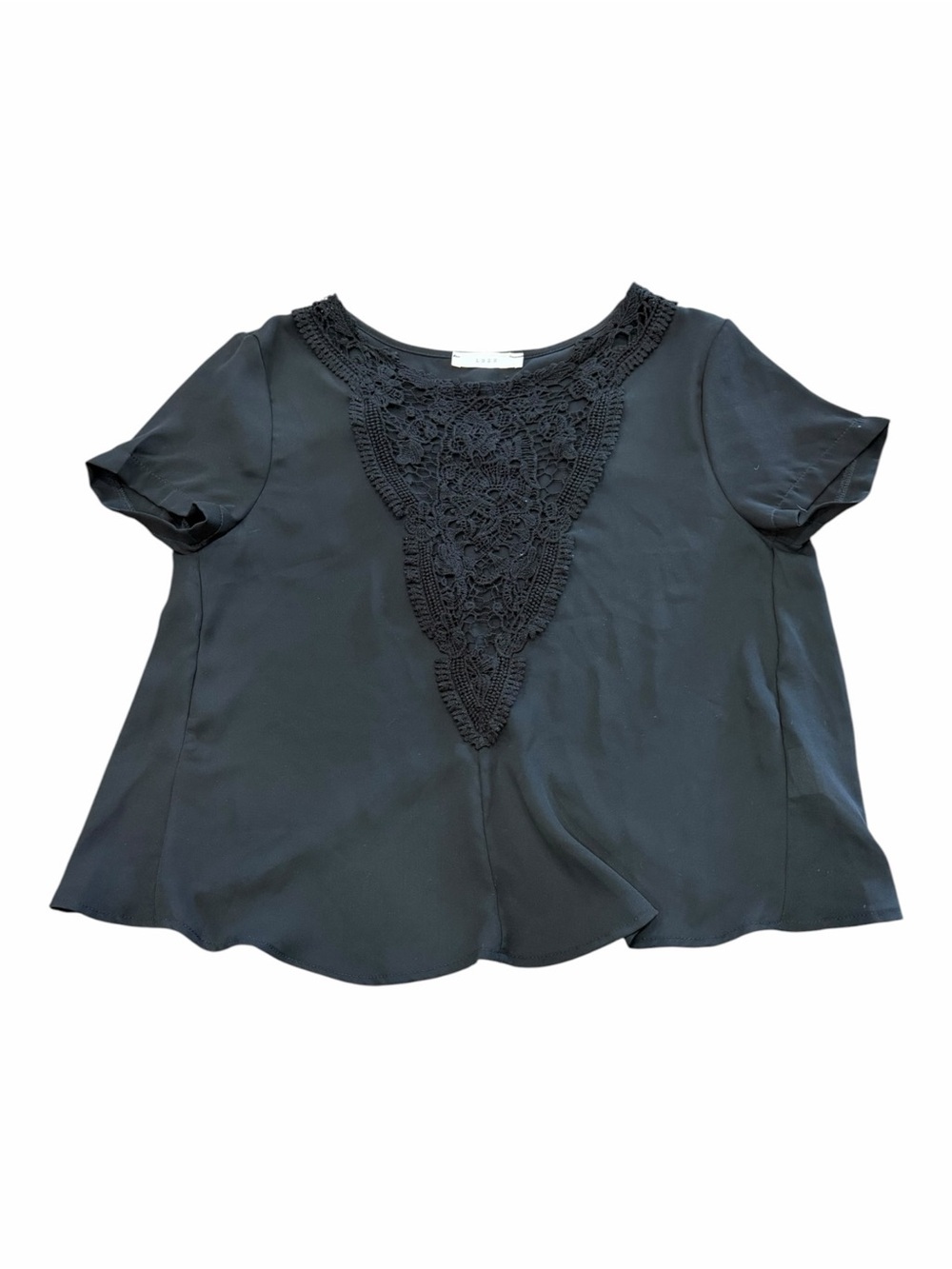 Lush Black Crochet-Front Short Sleeve Chiffon Blouse XS